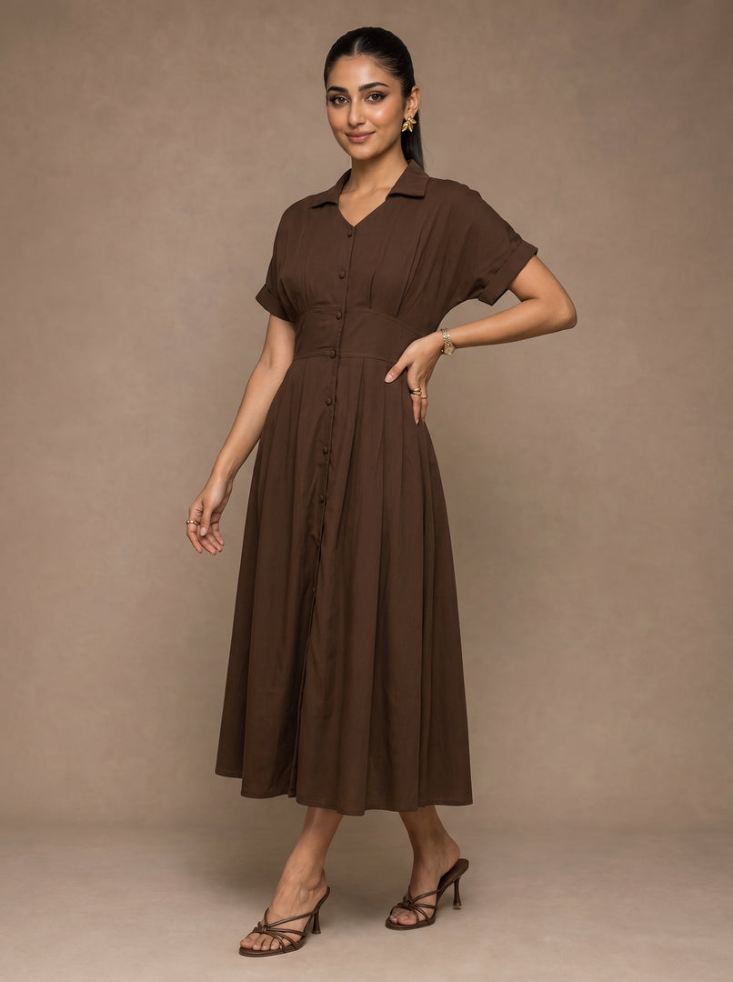 Coffee Classic: Cotton Open-Collar Midi Dress 87702