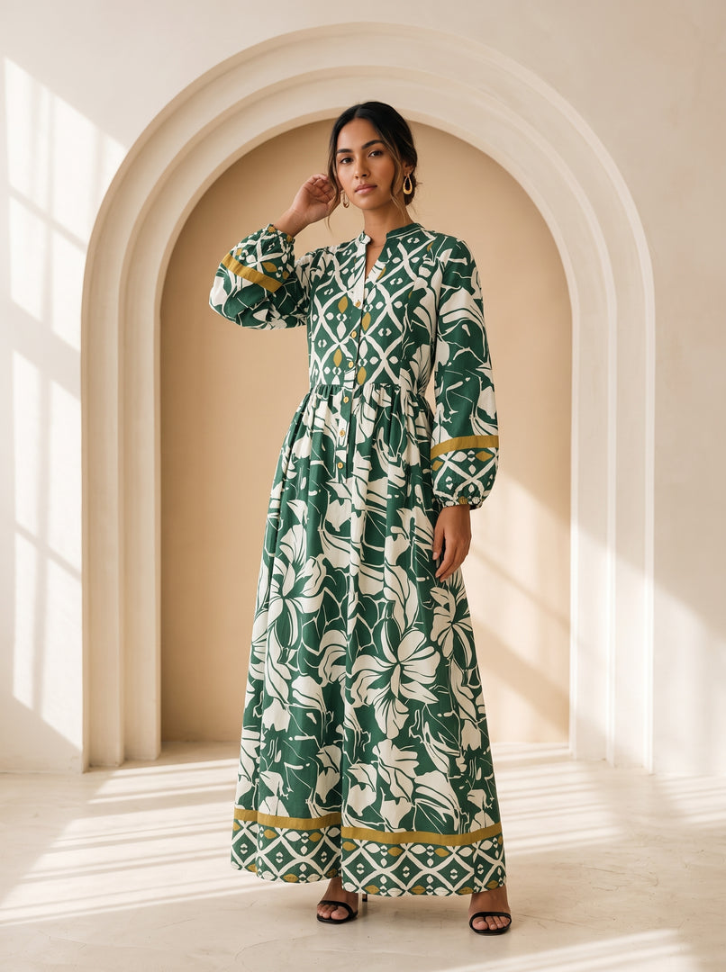 Mandarin Collar Floral Dress 90241