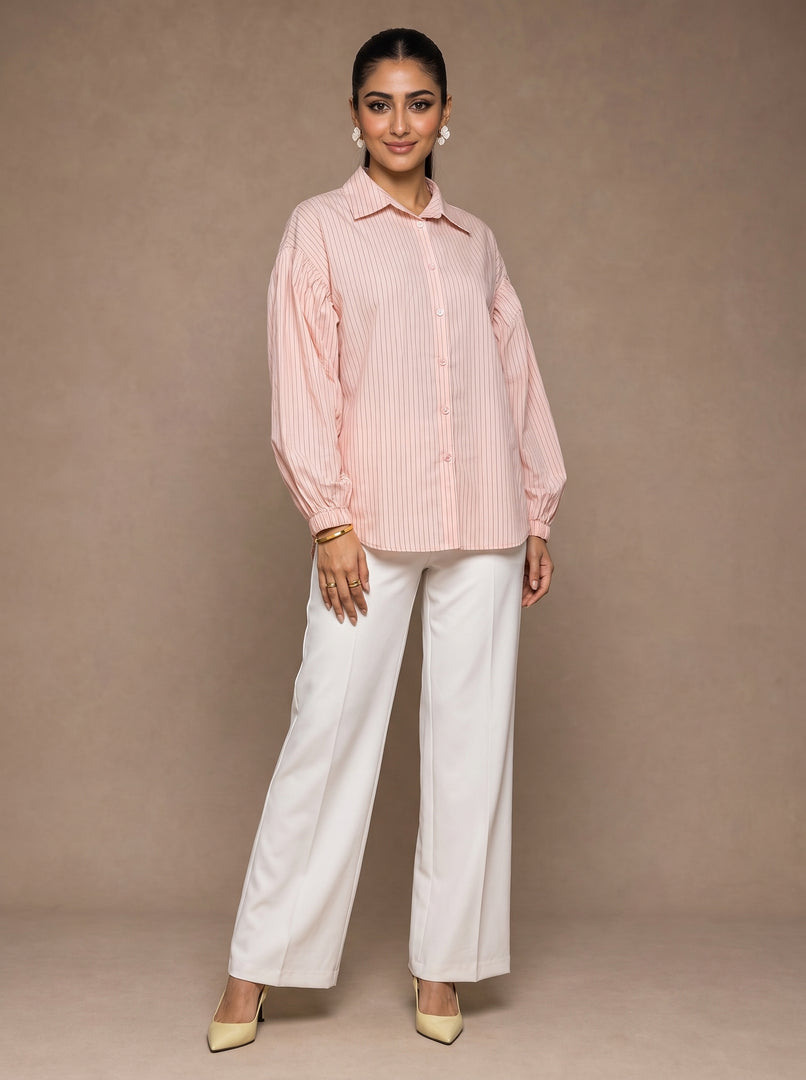 Pinstripe Grace: Cotton Below Hip Top 82553