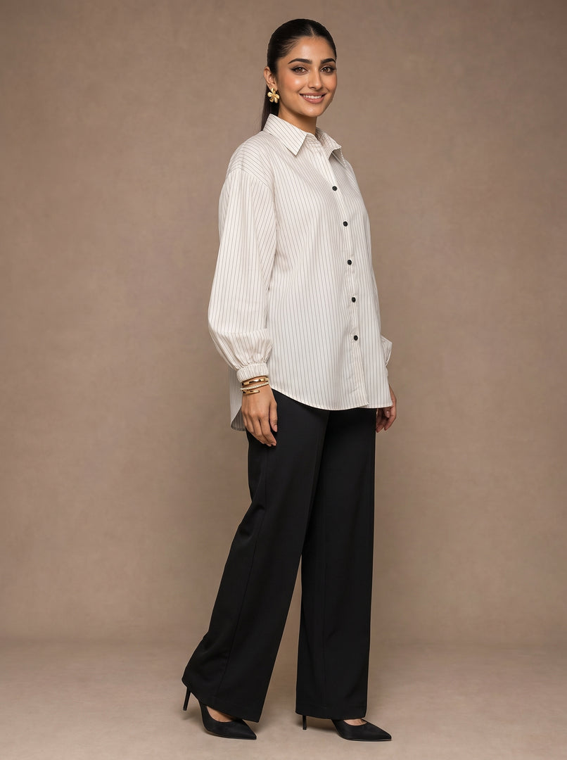 Pinstripe Poise: Cotton Below Hip Top 82551