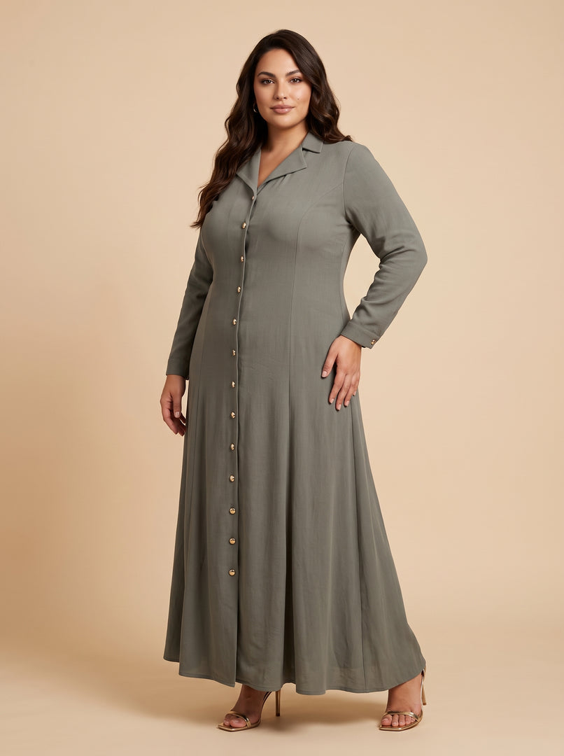 Moss Green Lapel Collar A-Line Dress 87772
