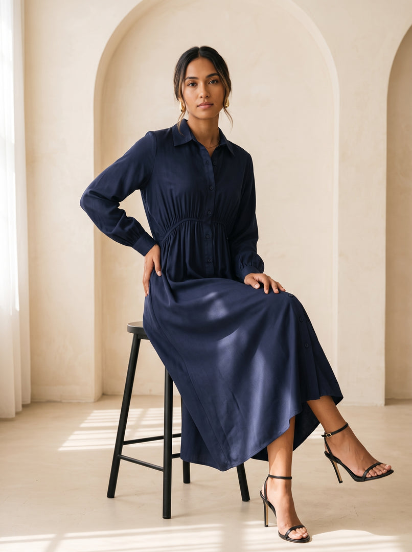 Navy Blue Collared Midi Dress 87937