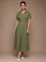 Load image into Gallery viewer, Olive Classic: Cotton Open-Collar Midi Dress 87703