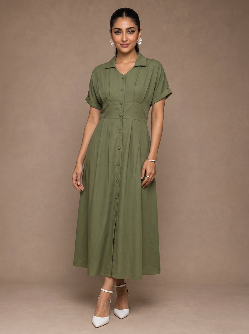 Olive Classic: Cotton Open-Collar Midi Dress 87703