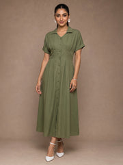 Olive Classic: Cotton Open-Collar Midi Dress 87703