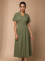 Load image into Gallery viewer, Olive Classic: Cotton Open-Collar Midi Dress 87703