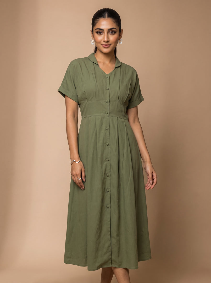 Olive Classic: Cotton Open-Collar Midi Dress 87703