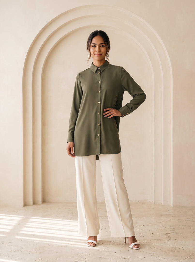 Jungle Green Collared Below Hip Top 90053