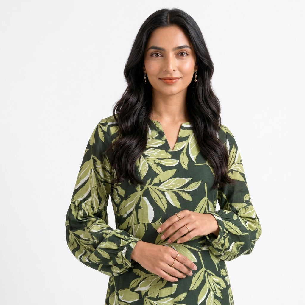 Botanical Leaf Print Long Dress 93991