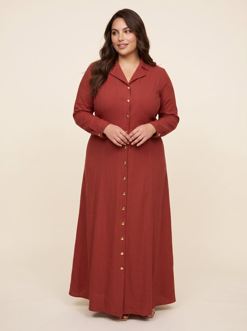 Dark Amber Lapel Collar A-Line Dress 87773