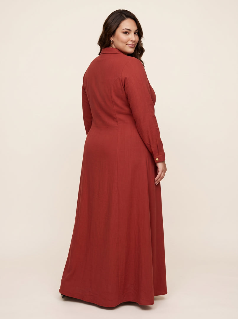Dark Amber Lapel Collar A-Line Dress 87773
