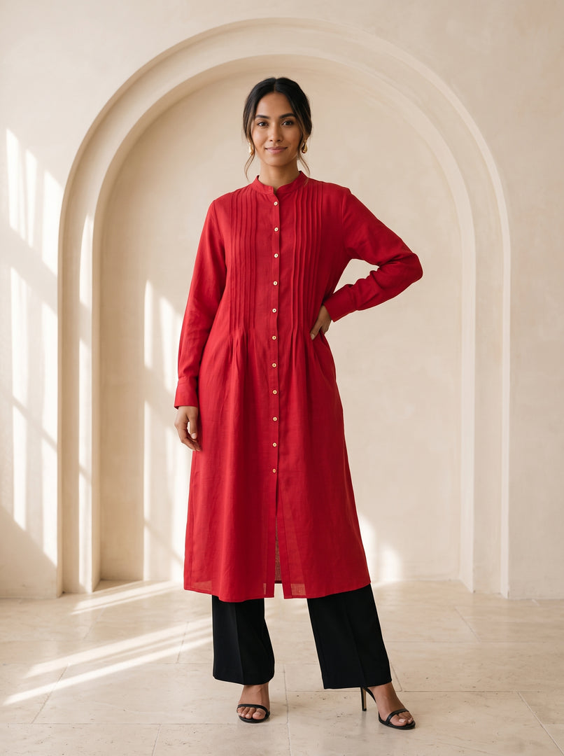 Red Mandarin Collar Midi Top 79721