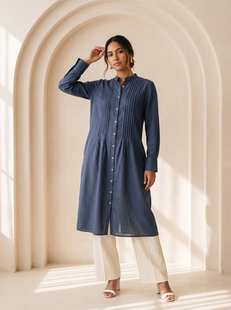 Spruce Blue Mandarin Collar Midi Top 79723