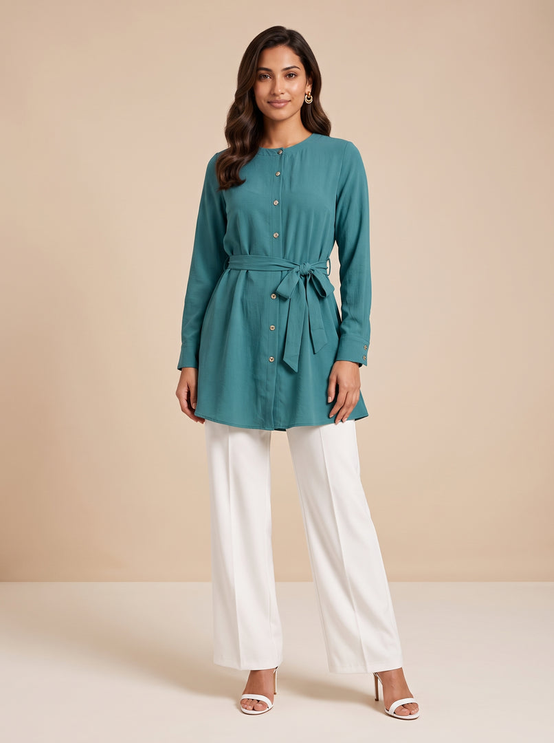 Textured Round Neck Teal Green Top 90483