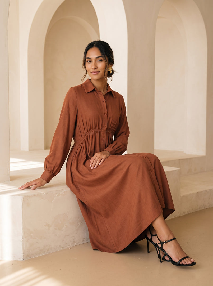 Tawny Brown Collared Midi Dress 87935