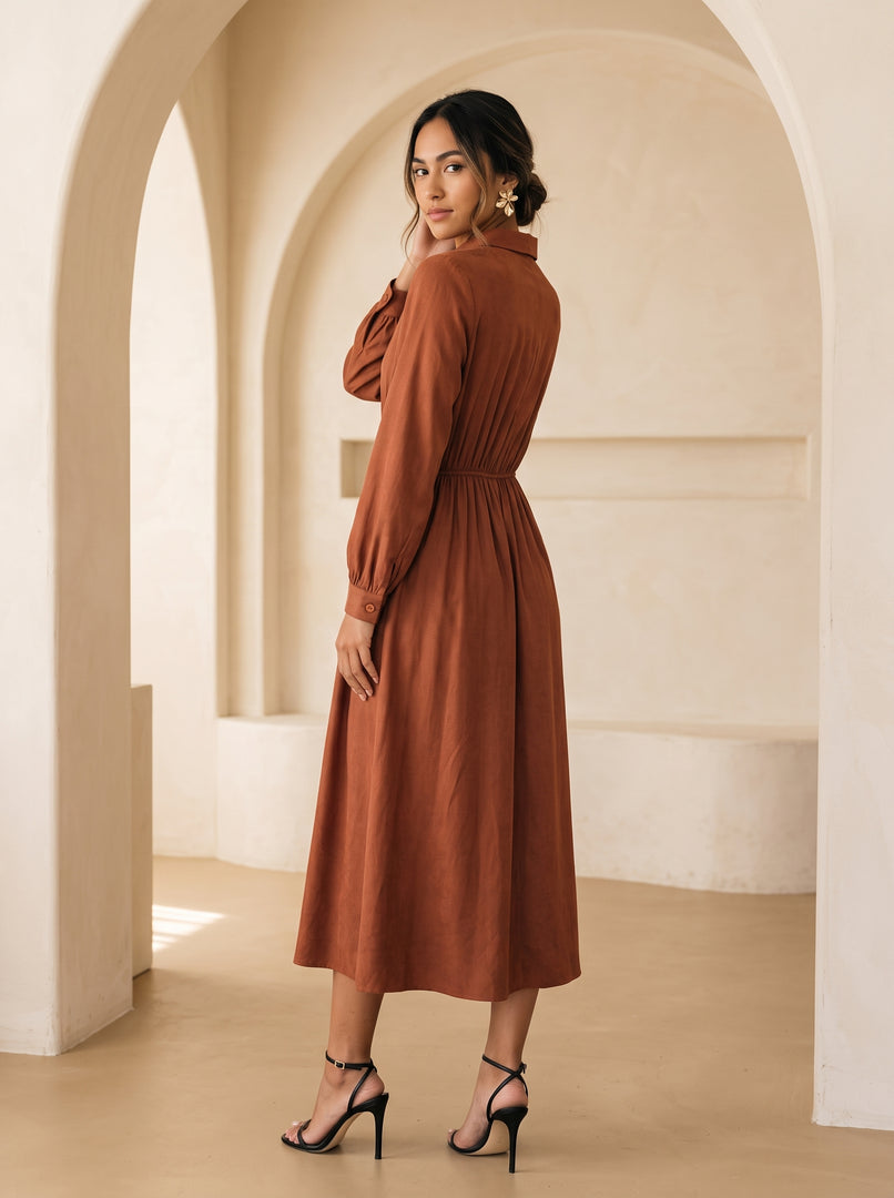 Tawny Brown Collared Midi Dress 87935