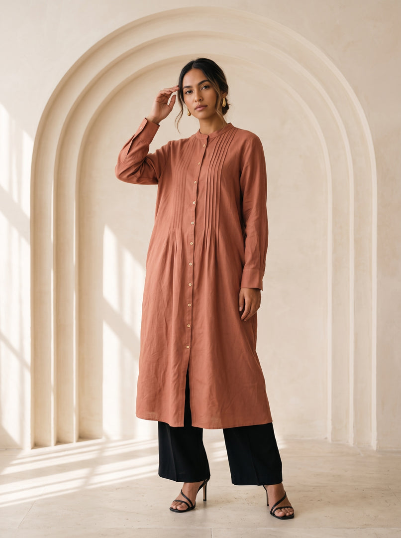 Tawny Brown Mandarin Collar Midi Top 94641