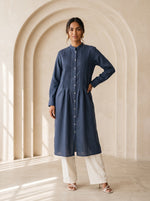 Load image into Gallery viewer, Spruce Blue Mandarin Collar Midi Top 79723