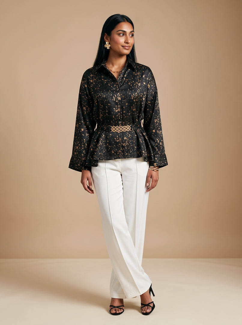 Splatter Luxe: Satin Abstract Hip Top 91781