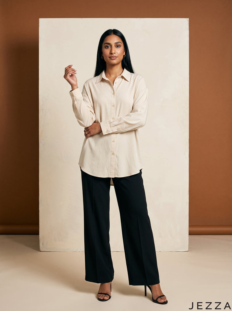 Ivory Ease: Relaxed Poly Cotton Below Hip Top 90361
