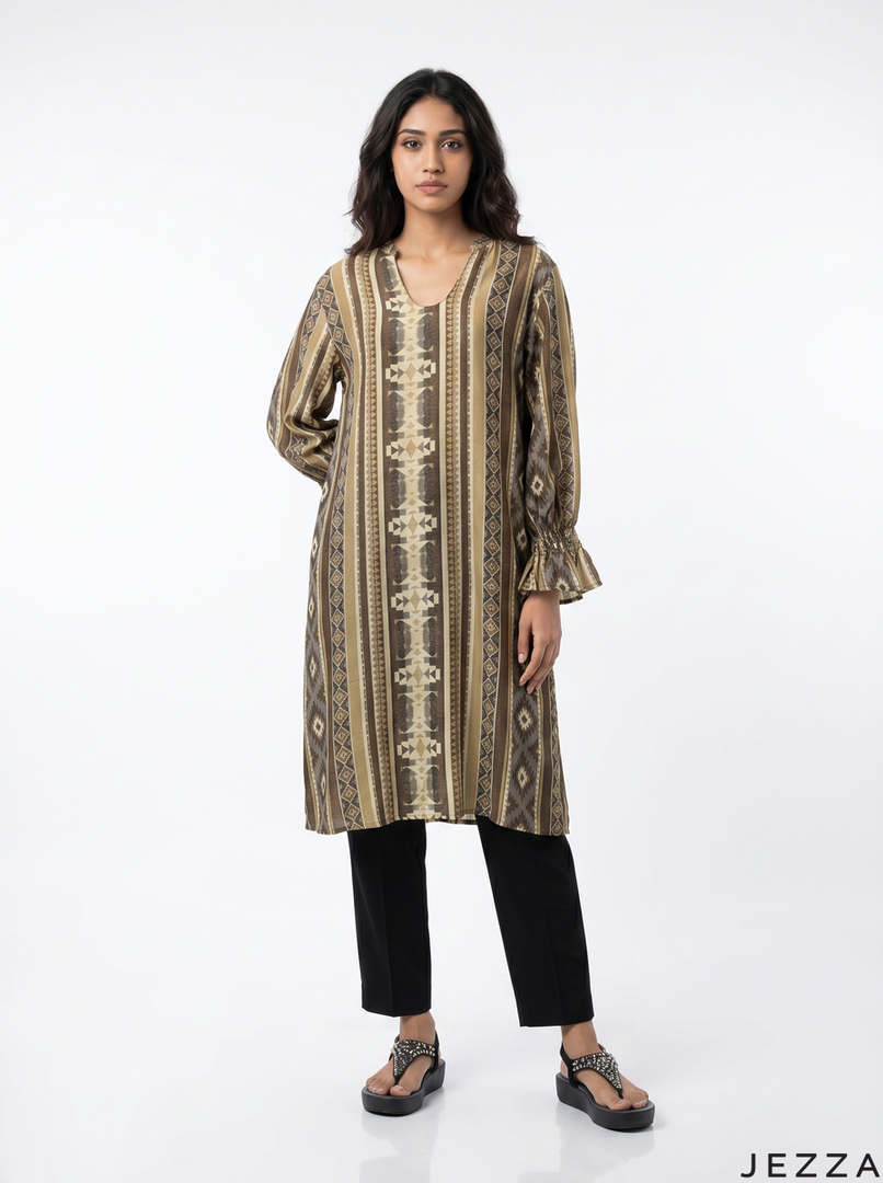 Linear Flow: Mandarin Collar Knee Top 83881