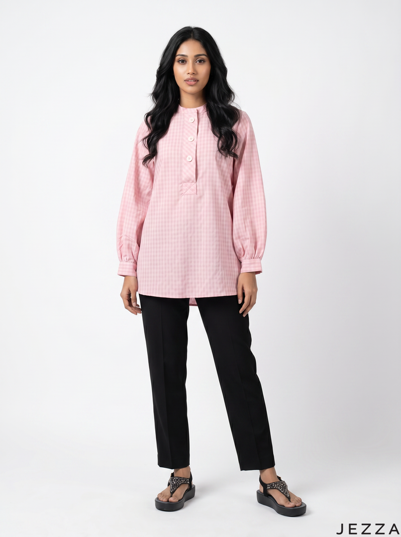 Pink Grid: Long Sleeve Below Hip Top 72721