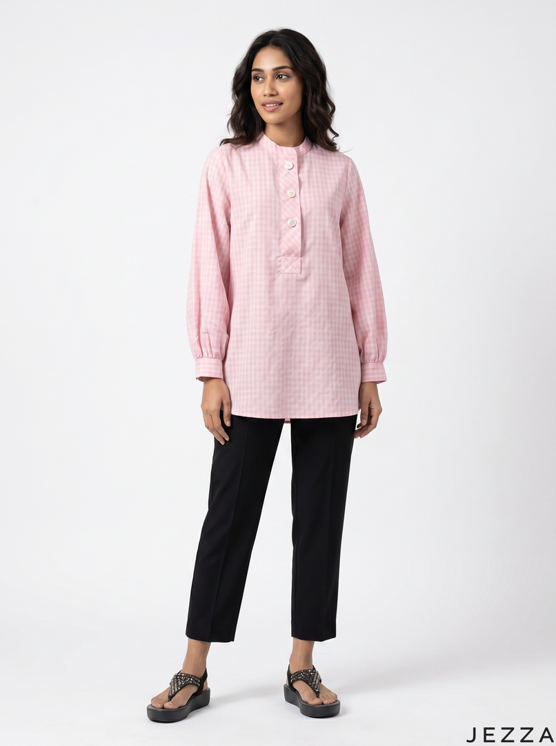Pink Grid: Long Sleeve Below Hip Top 72721