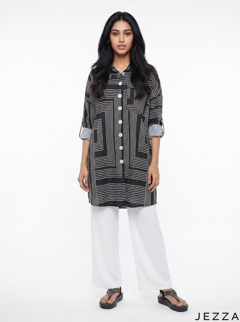Mono Grid: Linear Print Shirt Top 81231