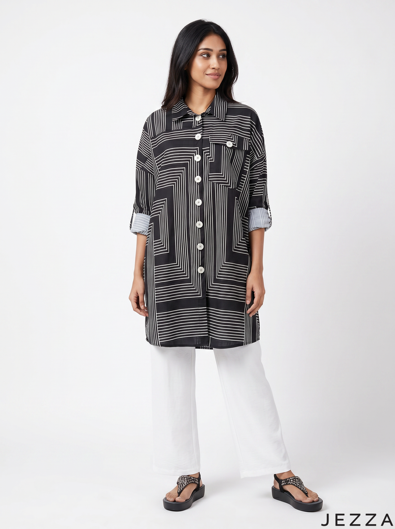 Mono Grid: Linear Print Shirt Top 81231