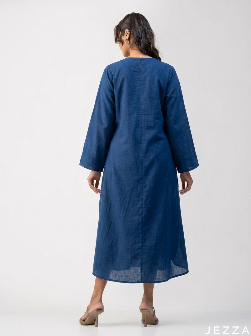 Soft Poise: Linen Midi Dress with Front Yoke Gathers 75721