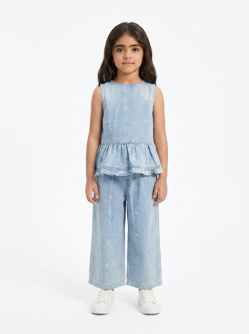 Girls Light Wash Denim Peplum Top & Wide Leg Trouser Set 91011