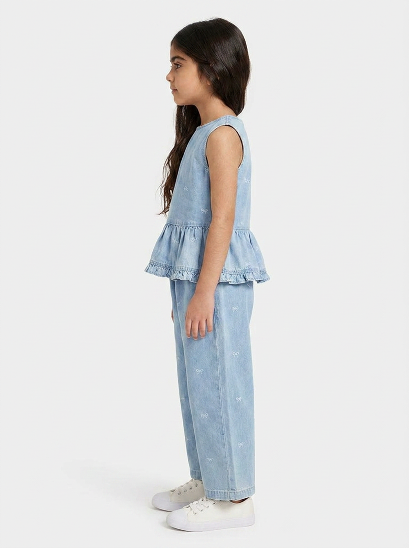 Girls Light Wash Denim Peplum Top & Wide Leg Trouser Set 91011