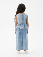 Load image into Gallery viewer, Girls Light Wash Denim Peplum Top &amp; Wide Leg Trouser Set 91011