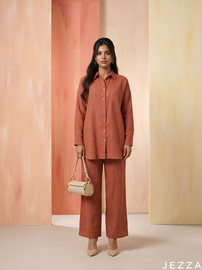 Warm Drift: Coral Beige Poly Linen Set 87083