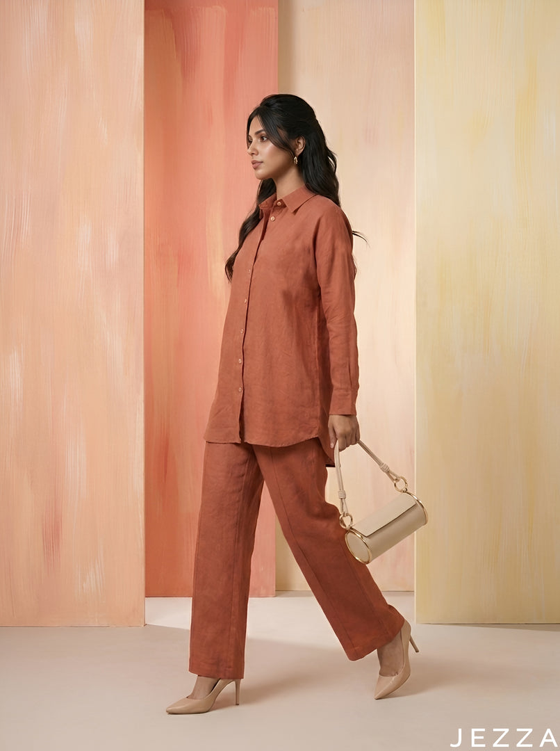 Warm Drift: Coral Beige Poly Linen Set 87083