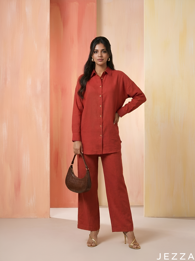 Amber Ease: Amber Brown Poly Linen Set 87081