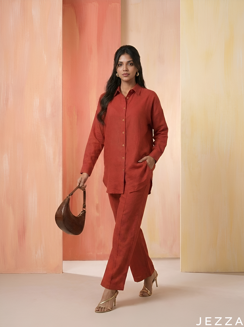 Amber Ease: Amber Brown Poly Linen Set 87081