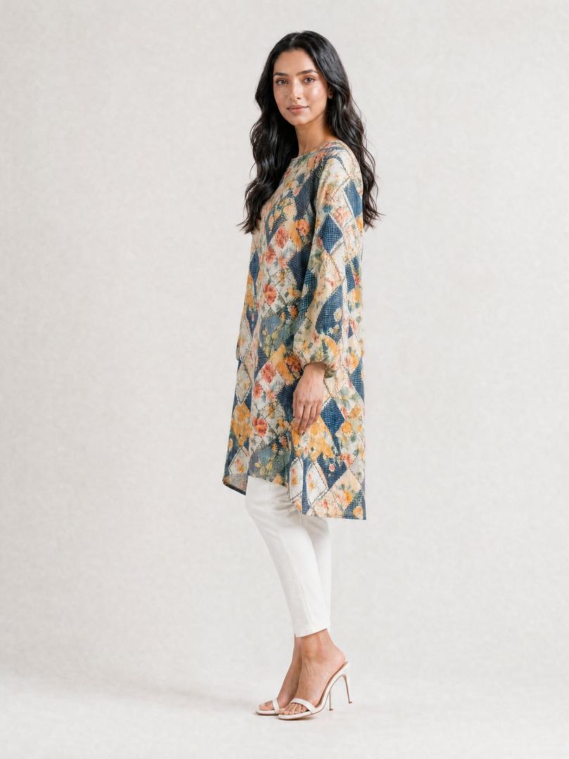 Abstract Botanical Print Satin Knee Top 94351