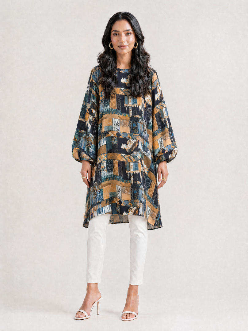 Geometric Print Satin Knee Top 94352