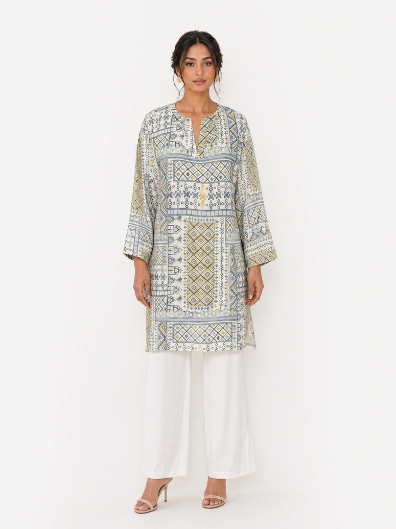 Patchwork Print V-Neck Above Knee Top 95211