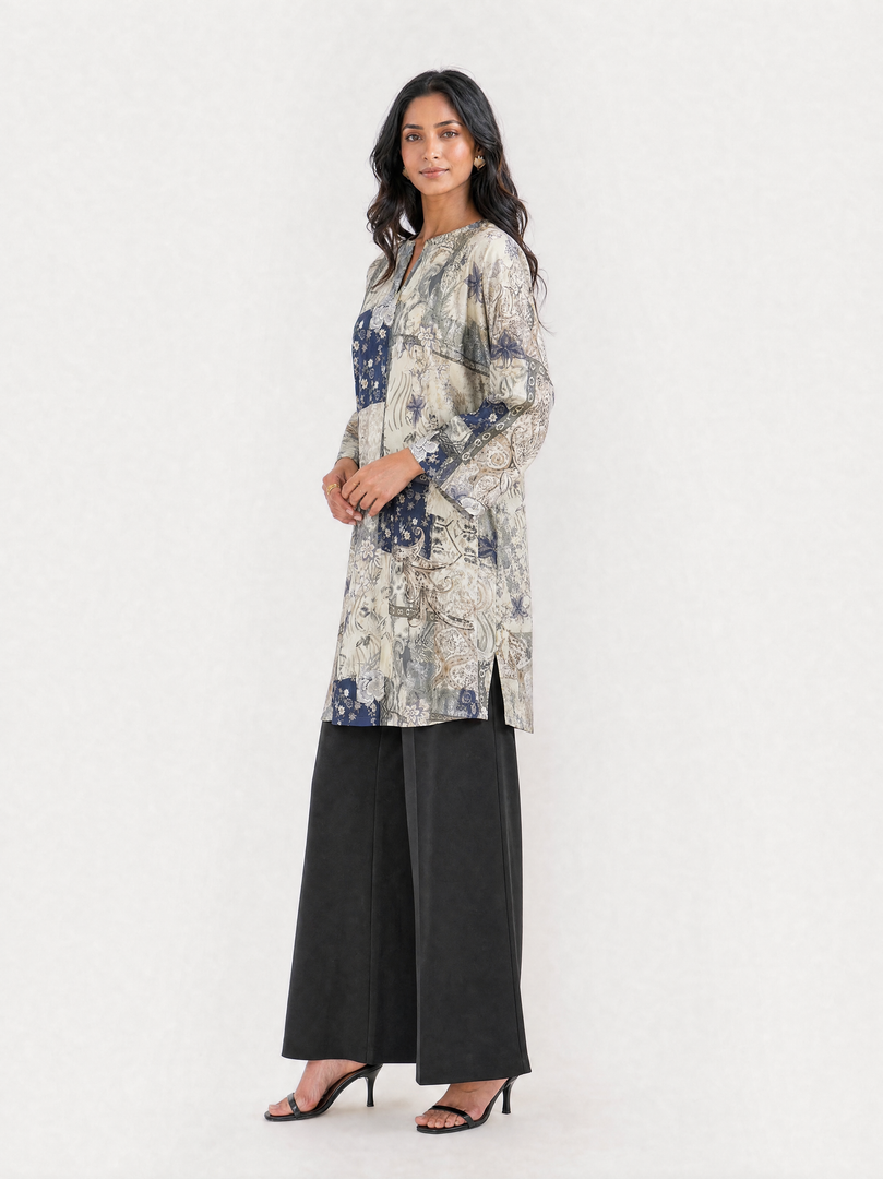 Patchwork Print V-Neck Above Knee Top 95201