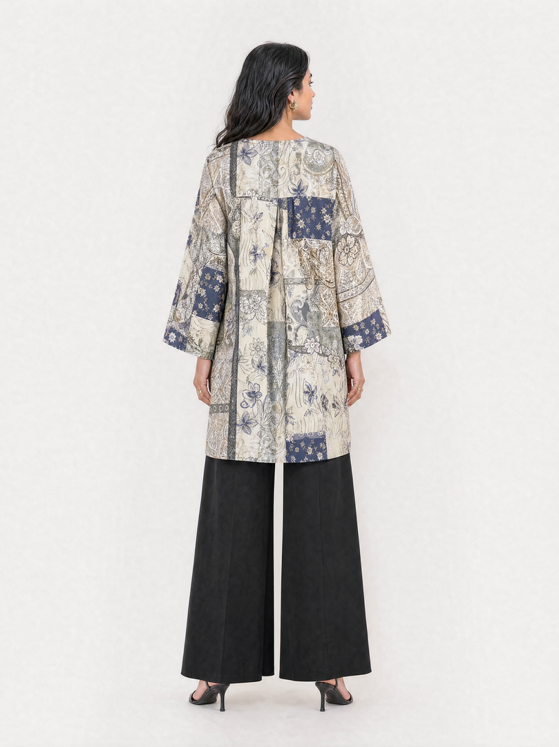 Patchwork Print V-Neck Above Knee Top 95201