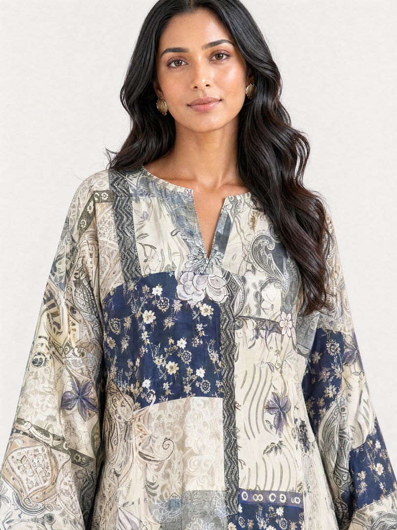 Patchwork Print V-Neck Above Knee Top 95201