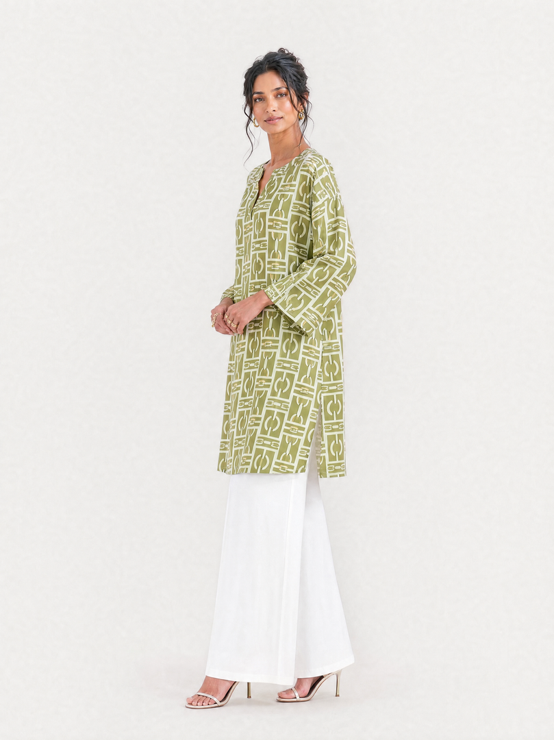 Geometric Print V-Neck Above Knee Top 95191