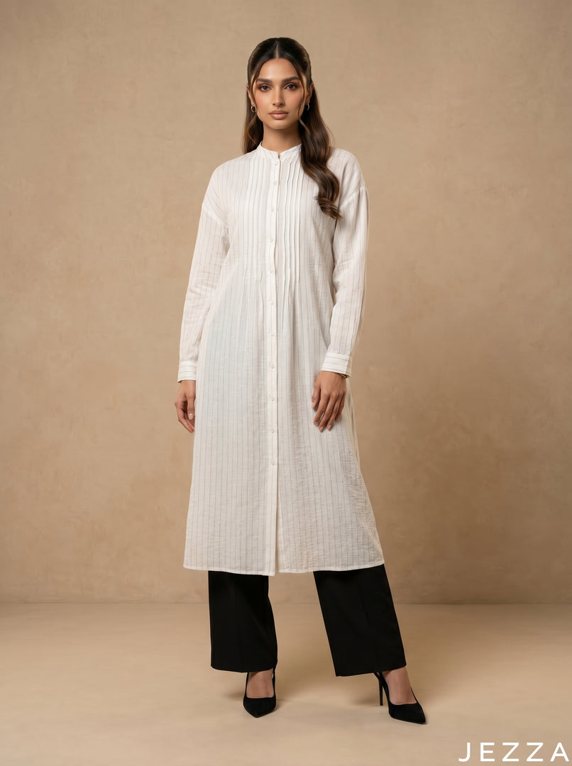 Subtle Glamour: White & Silver Pinstripe Top 79541
