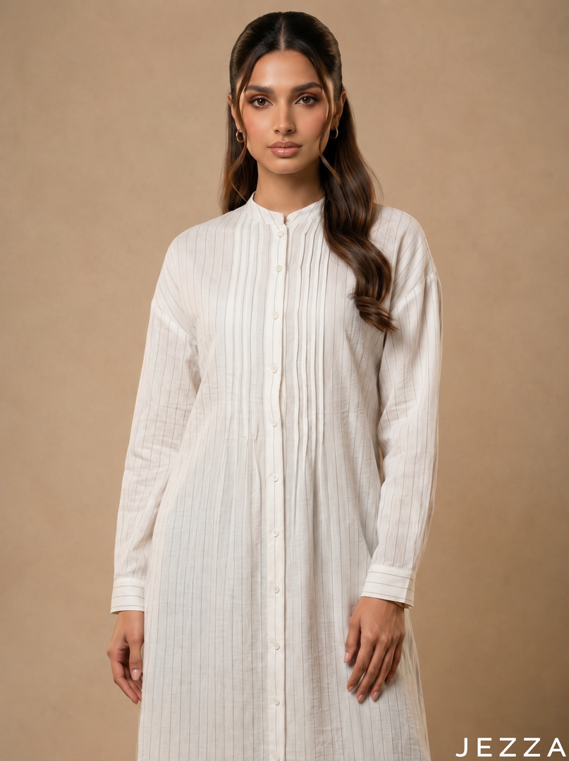Subtle Glamour: White & Silver Pinstripe Top 79541