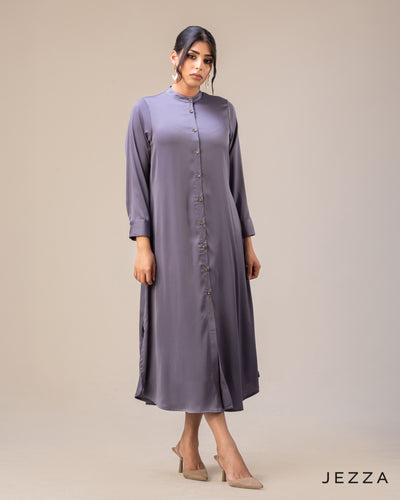 Refined Flow: Crinkle Satin Mandarin-Collar Midi Top 66101