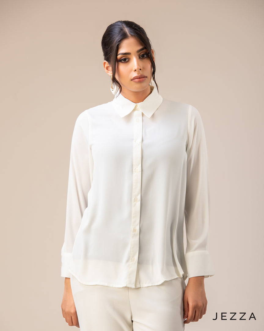 Classic Poise: Hip-Length Polyester Shirt Blouse 65041