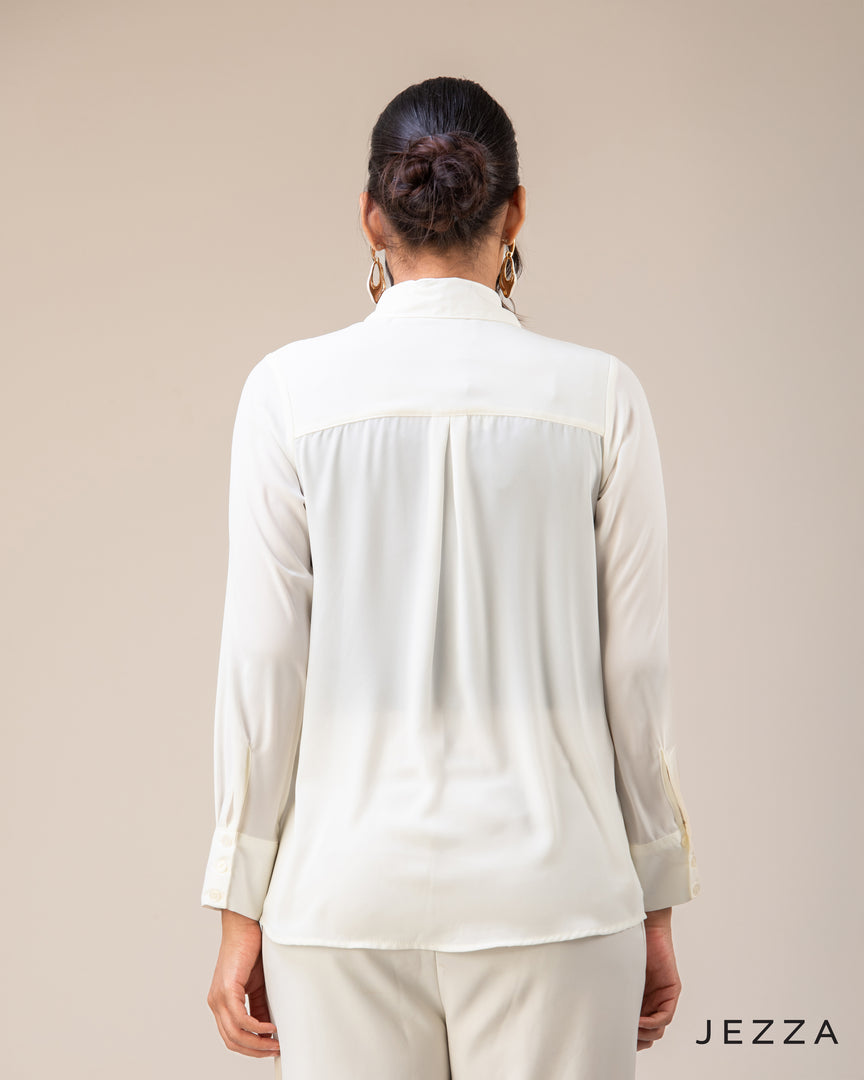 Classic Poise: Hip-Length Polyester Shirt Blouse 65041