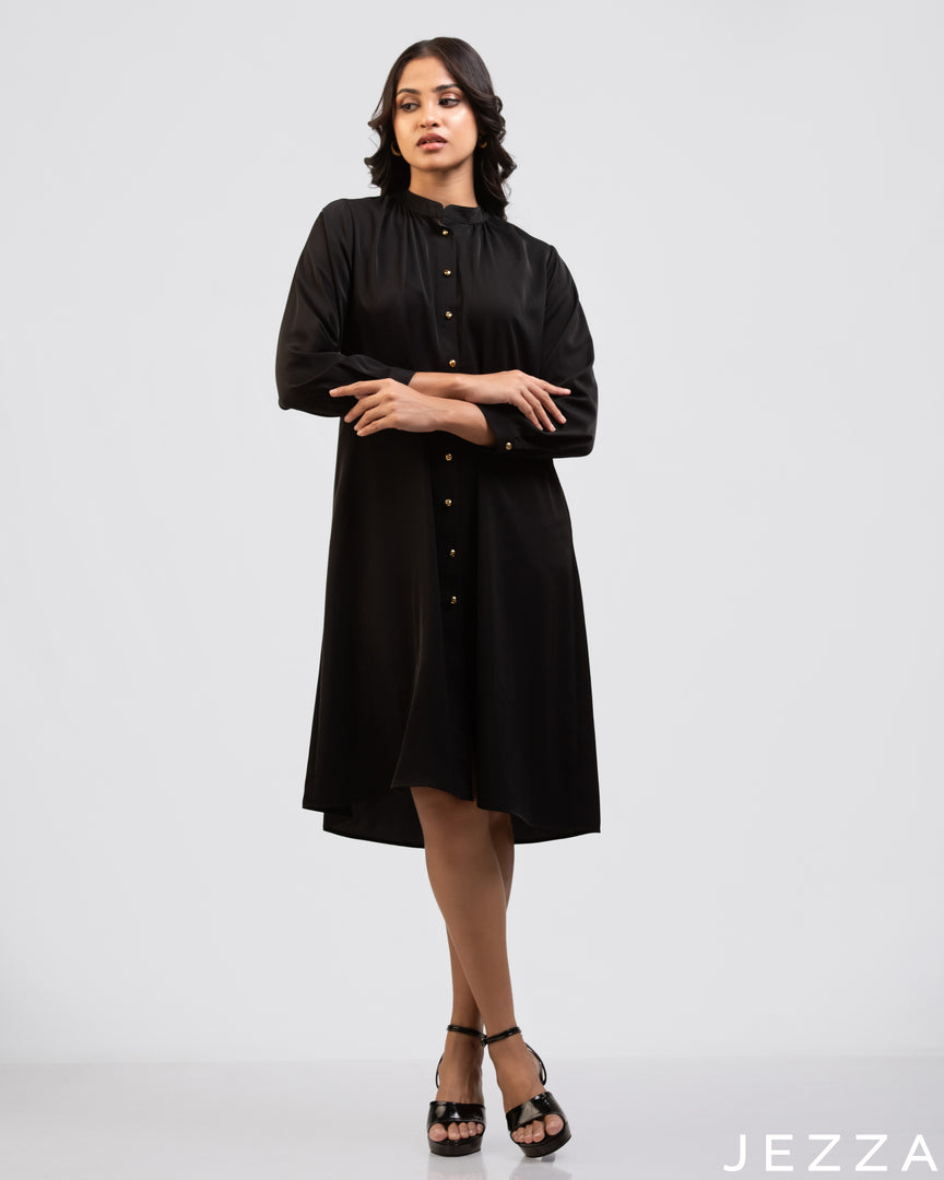 Midnight Form: Black Mandarin-Collar Knee Top 76182